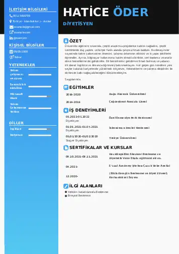 Beslenme Uzmanı Diyetisyen CV Örnekleri cv indir